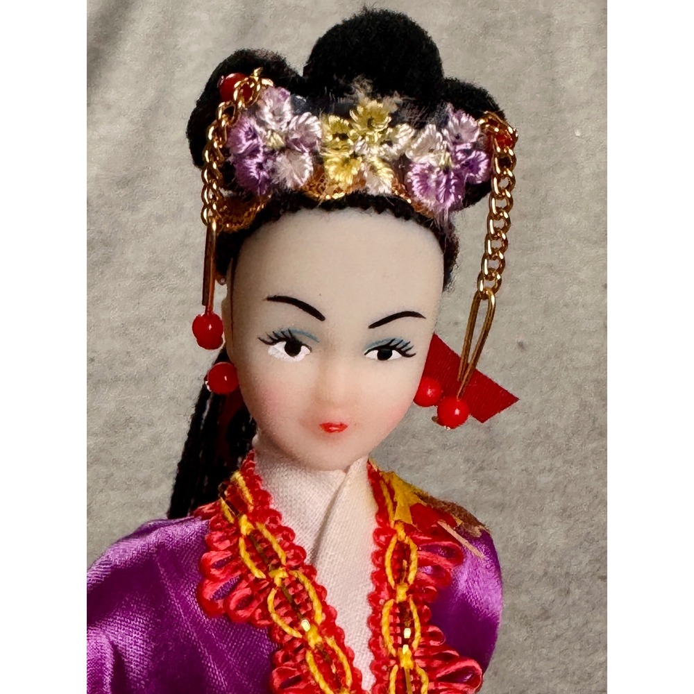 Vintage Chinese Souvenir Doll Purple Satin Embroidered Traditional Dress 8 Inch